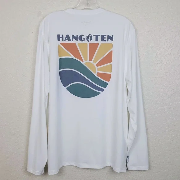 Men's Hang Ten White Crew Neck Long Sleeve UPF 50+ Quick Dry Graphic T-Shirt - Picture 4 of 9